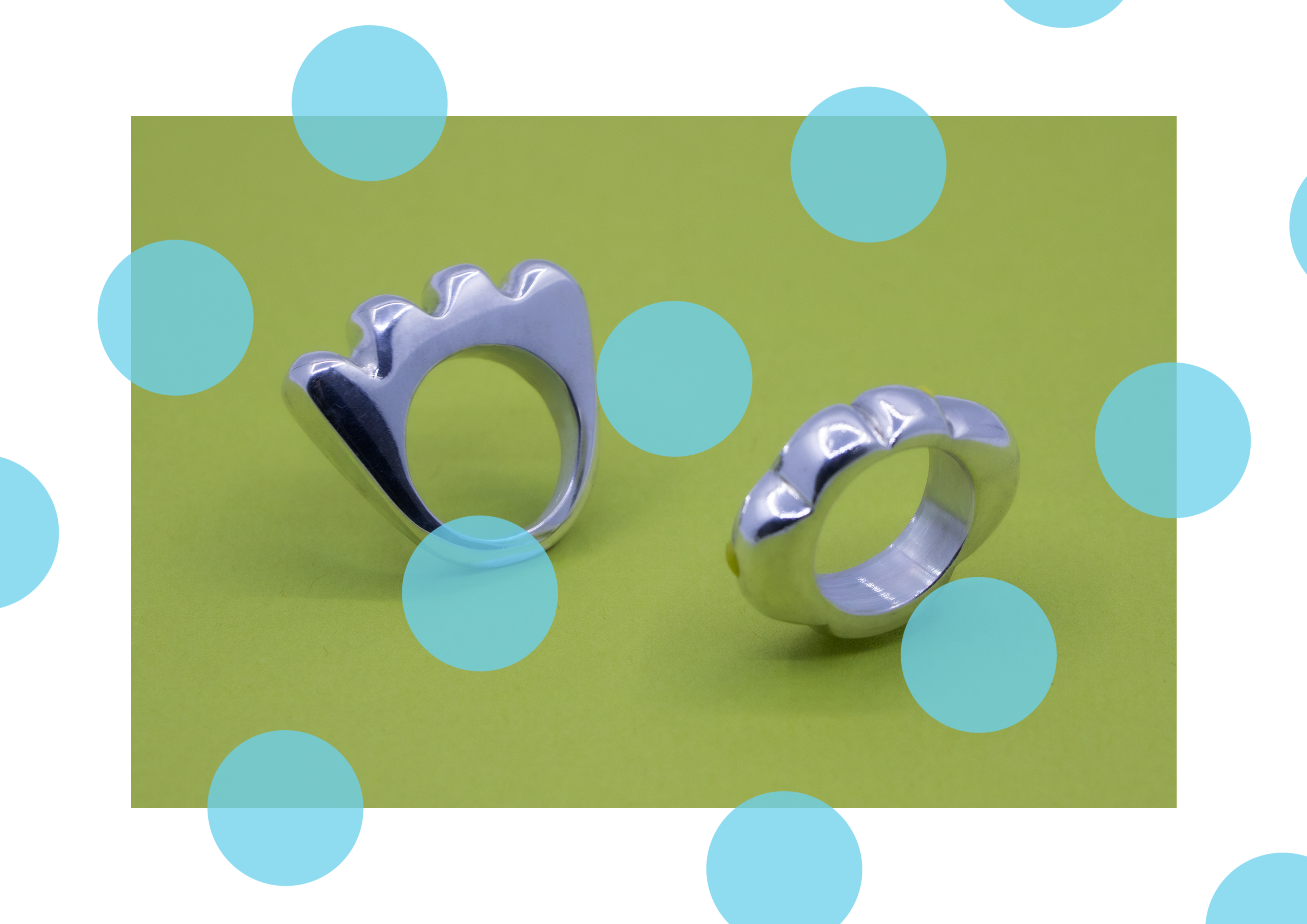 TAG Studios rings, Learning Curves collection, styled with a polka-dot collage backdrop